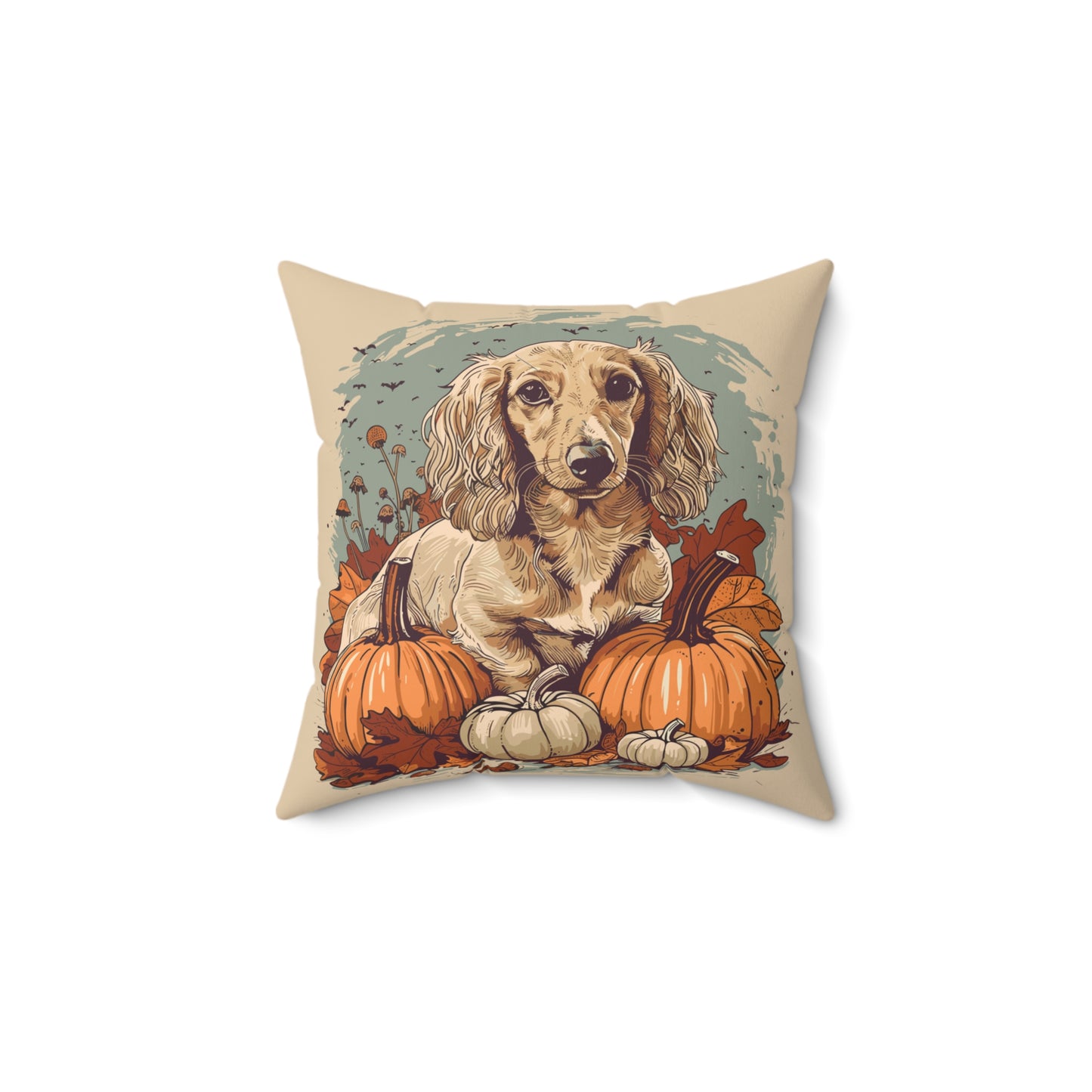 #11 Autumn Inspired Cream-Colored Long-Haired Dachshund Throw Pillow