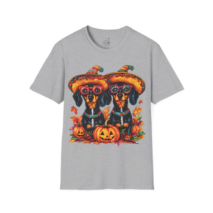 "Fall Fiesta" Black and Tan Smooth-Haired Dachshund Halloween Unisex Softstyle T-Shirt