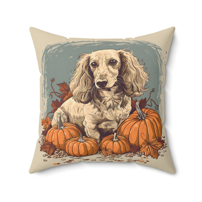 #12 Autumn Inspired Cream-Colored Long-Haired Dachshund Throw Pillow