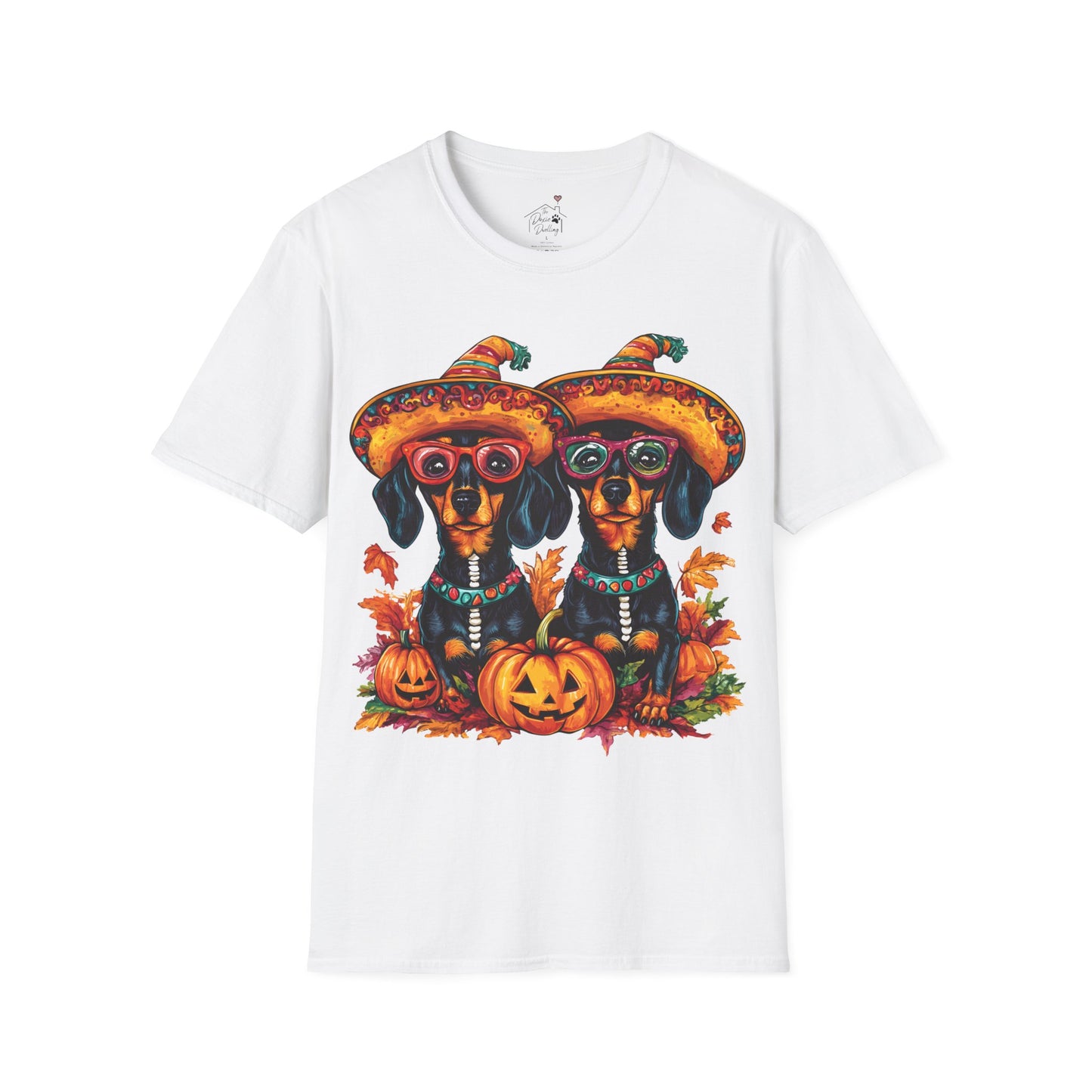 "Fall Fiesta" Black and Tan Smooth-Haired Dachshund Halloween Unisex Softstyle T-Shirt