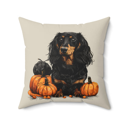 #15 Autumn Inspired Black & Tan Long-Haired Dachshund Throw Pillow