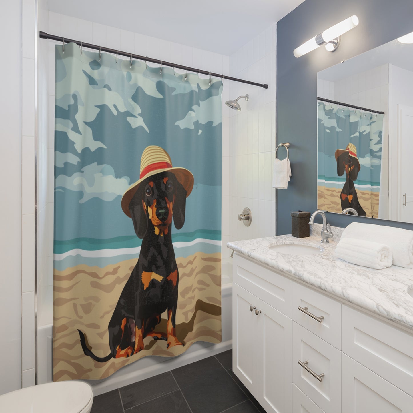 "Beachy Keen" Black & Tan Smooth-Haired Dachshund Blue Shower Curtain