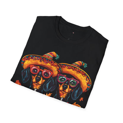 "Fall Fiesta" Black and Tan Smooth-Haired Dachshund Halloween Unisex Softstyle T-Shirt