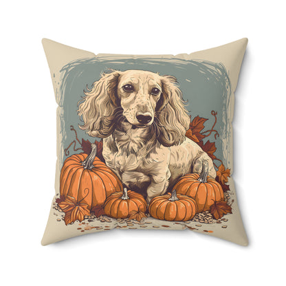 #12 Autumn Inspired Cream-Colored Long-Haired Dachshund Throw Pillow