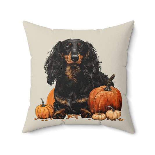 #14 Autumn Inspired Black & Tan Long-Haired Dachshund Throw Pillow