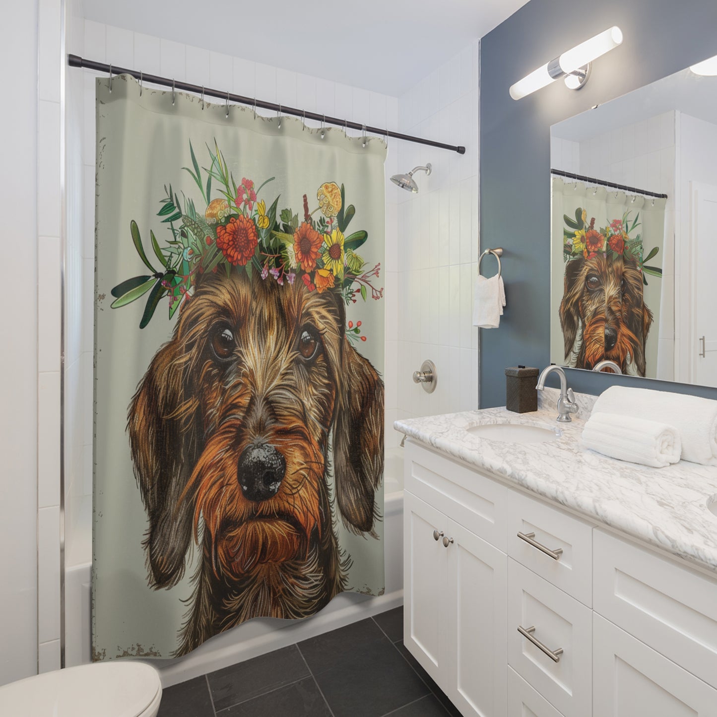 "Wire Crown" Wire-Haired Dachshund Floral Shower Curtain