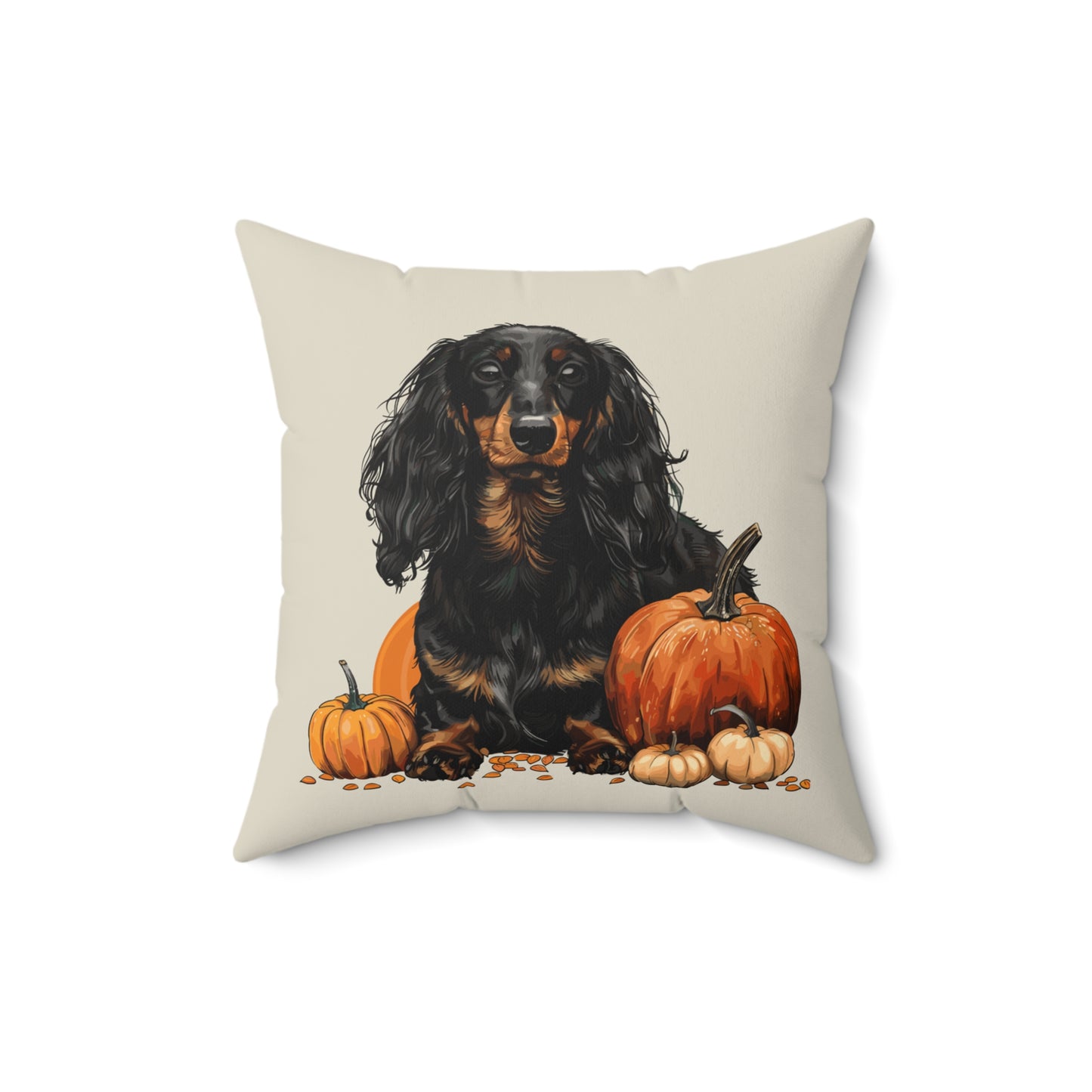 #14 Autumn Inspired Black & Tan Long-Haired Dachshund Throw Pillow