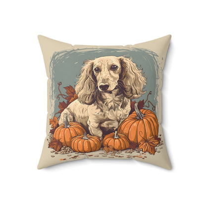 #12 Autumn Inspired Cream-Colored Long-Haired Dachshund Throw Pillow