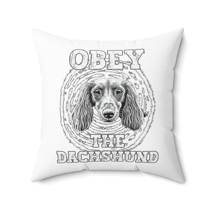 "Obey" Long-Haired Dachshund Square Throw Pillow