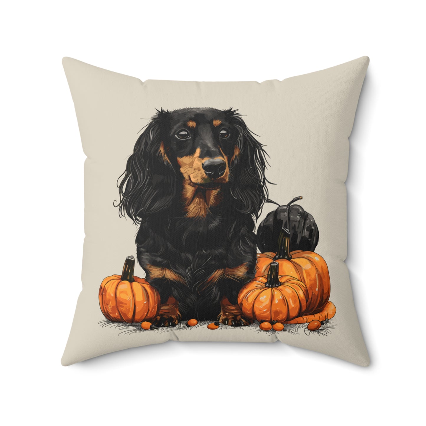 #15 Autumn Inspired Black & Tan Long-Haired Dachshund Throw Pillow