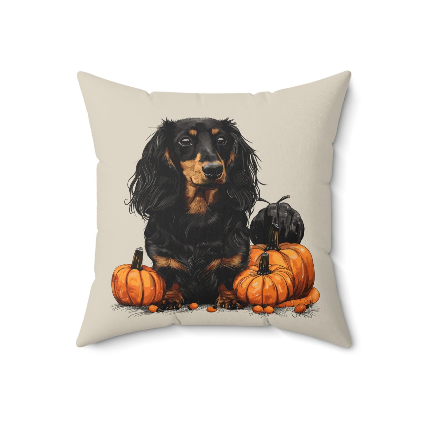 #15 Autumn Inspired Black & Tan Long-Haired Dachshund Throw Pillow