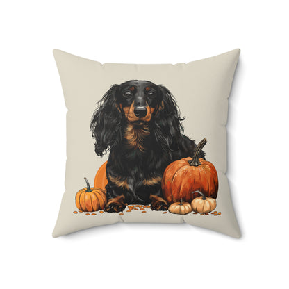 #14 Autumn Inspired Black & Tan Long-Haired Dachshund Throw Pillow