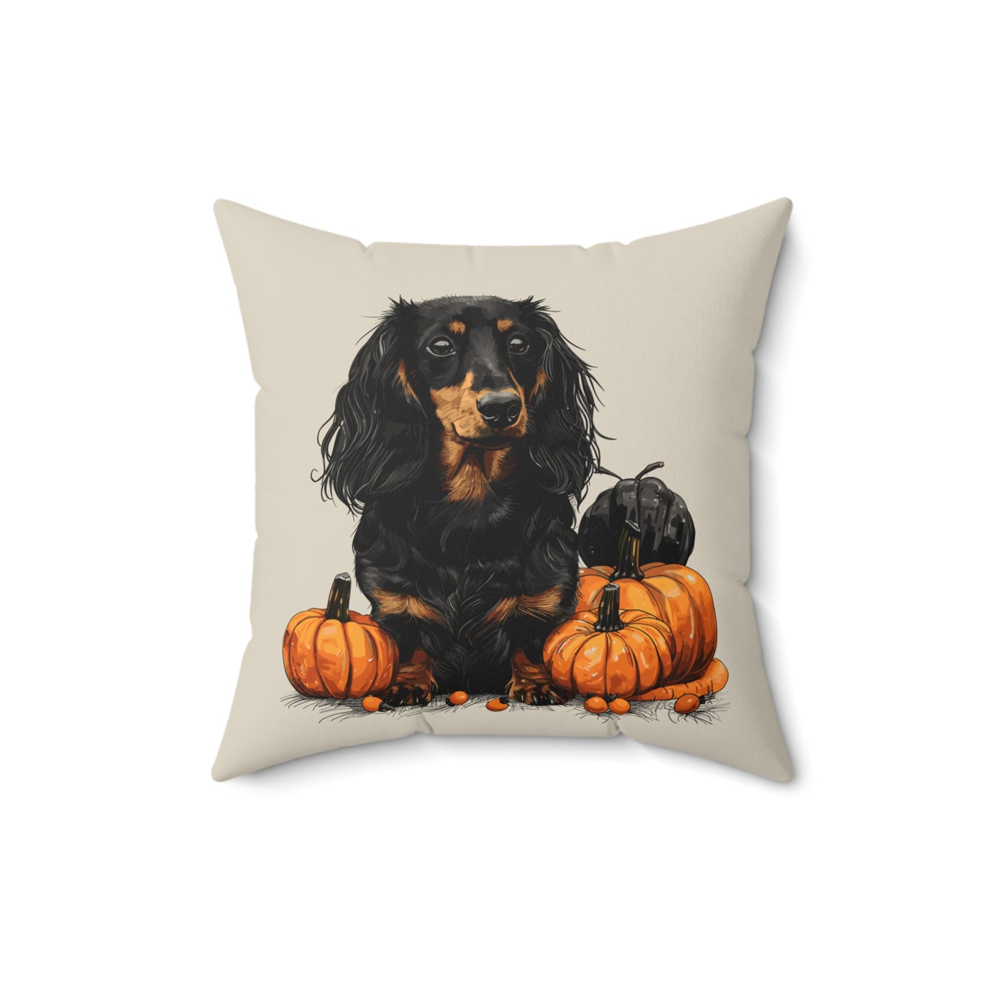 #15 Autumn Inspired Black & Tan Long-Haired Dachshund Throw Pillow