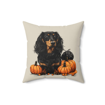 #15 Autumn Inspired Black & Tan Long-Haired Dachshund Throw Pillow