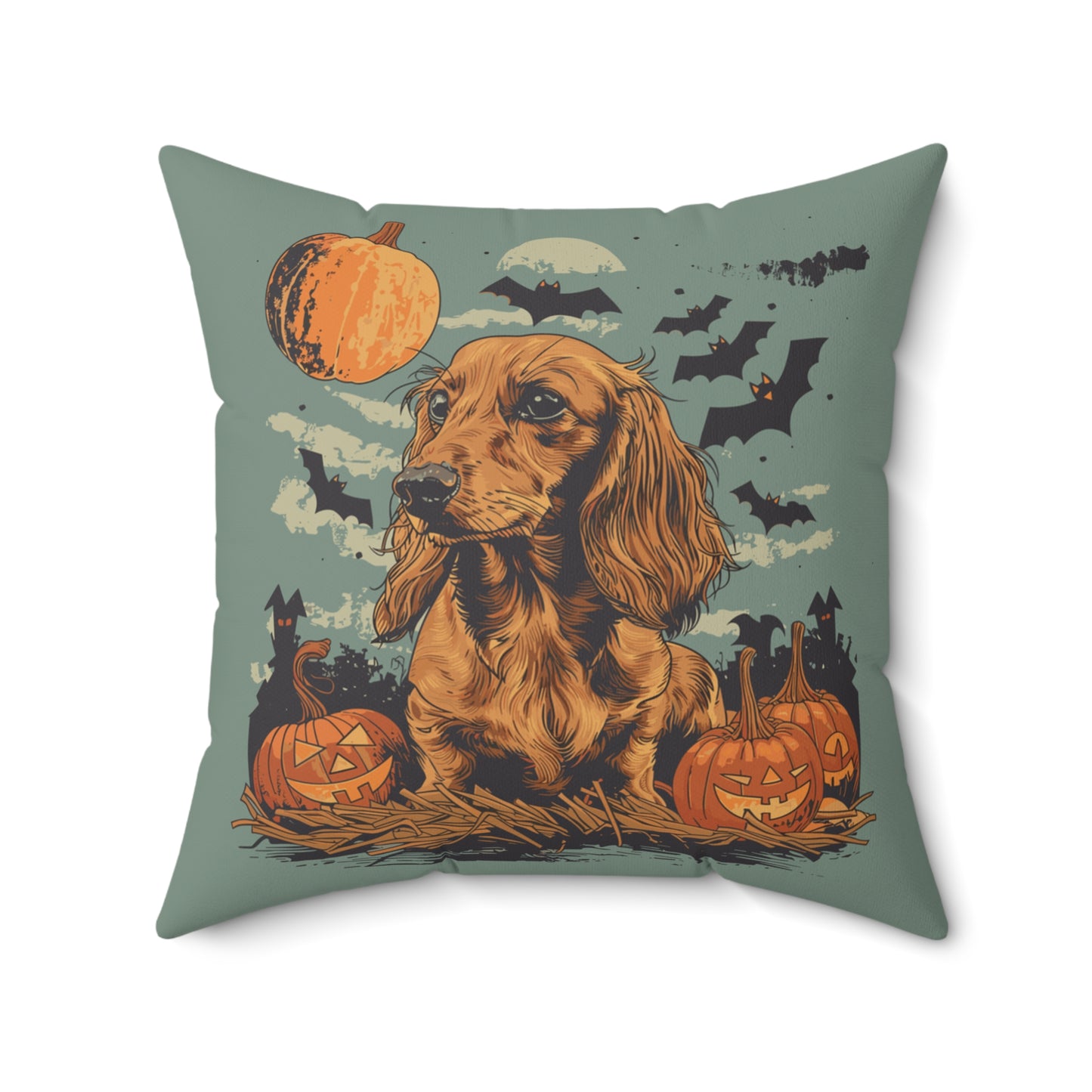 #22 Halloween Inspired Tan Long-Haired Dachshund Throw Pillow