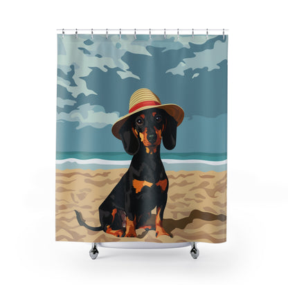 "Beachy Keen" Black & Tan Smooth-Haired Dachshund Blue Shower Curtain