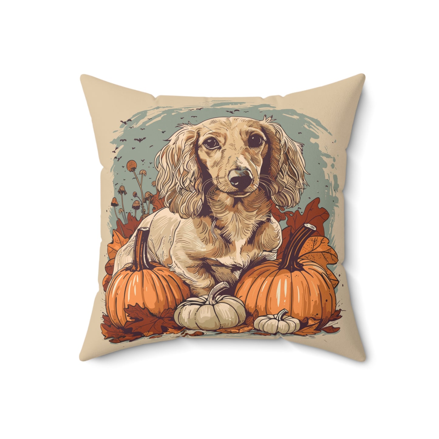 #11 Autumn Inspired Cream-Colored Long-Haired Dachshund Throw Pillow