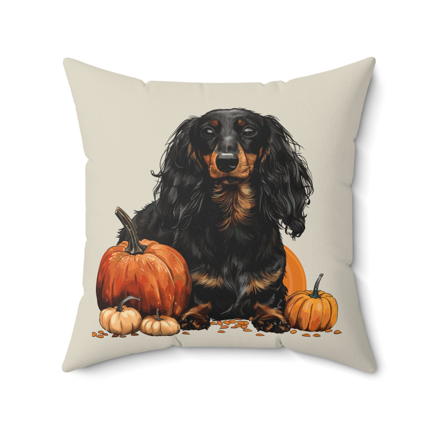 #14 Autumn Inspired Black & Tan Long-Haired Dachshund Throw Pillow