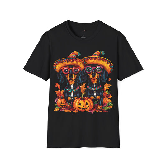 "Fall Fiesta" Black and Tan Smooth-Haired Dachshund Halloween Unisex Softstyle T-Shirt