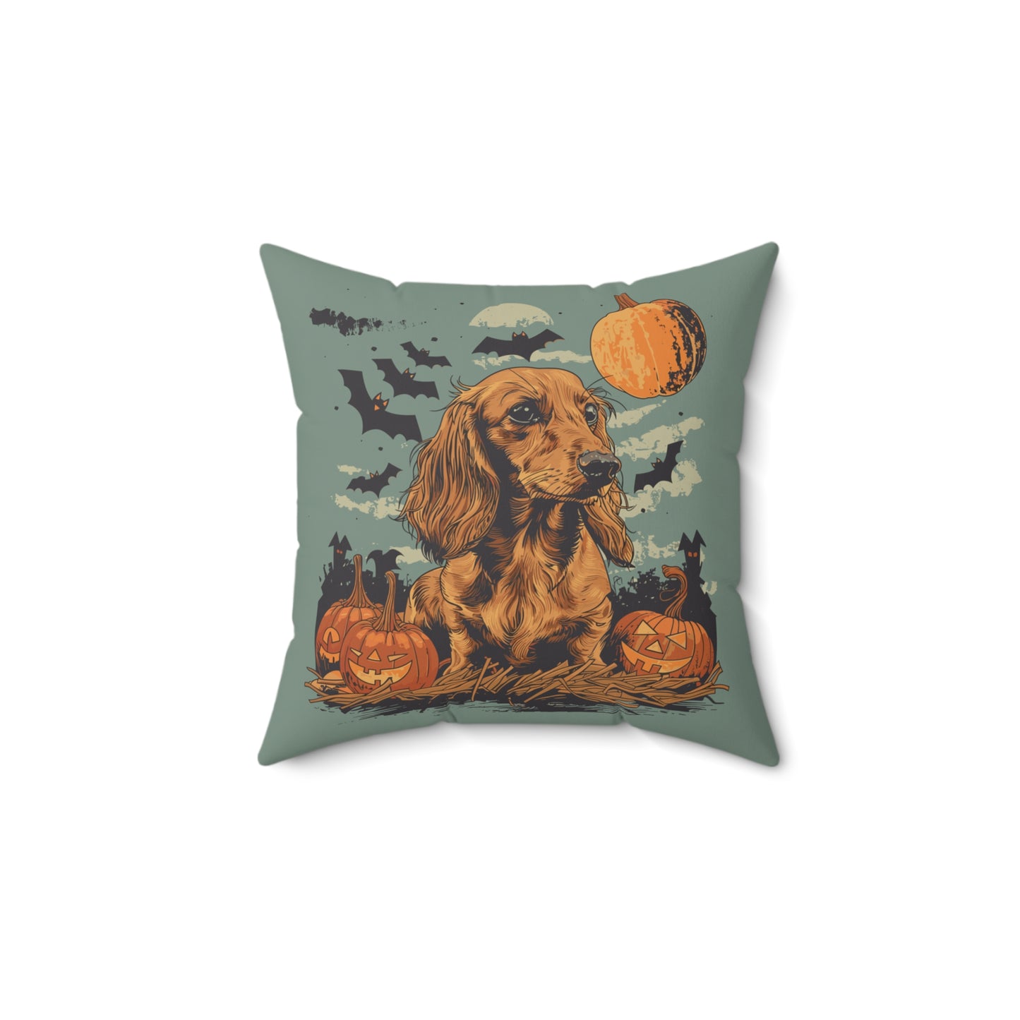 #22 Halloween Inspired Tan Long-Haired Dachshund Throw Pillow