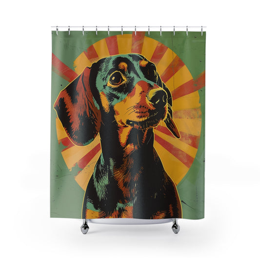 "Pow!" Black & Tan Smooth-Haired Dachshund Green Shower Curtain