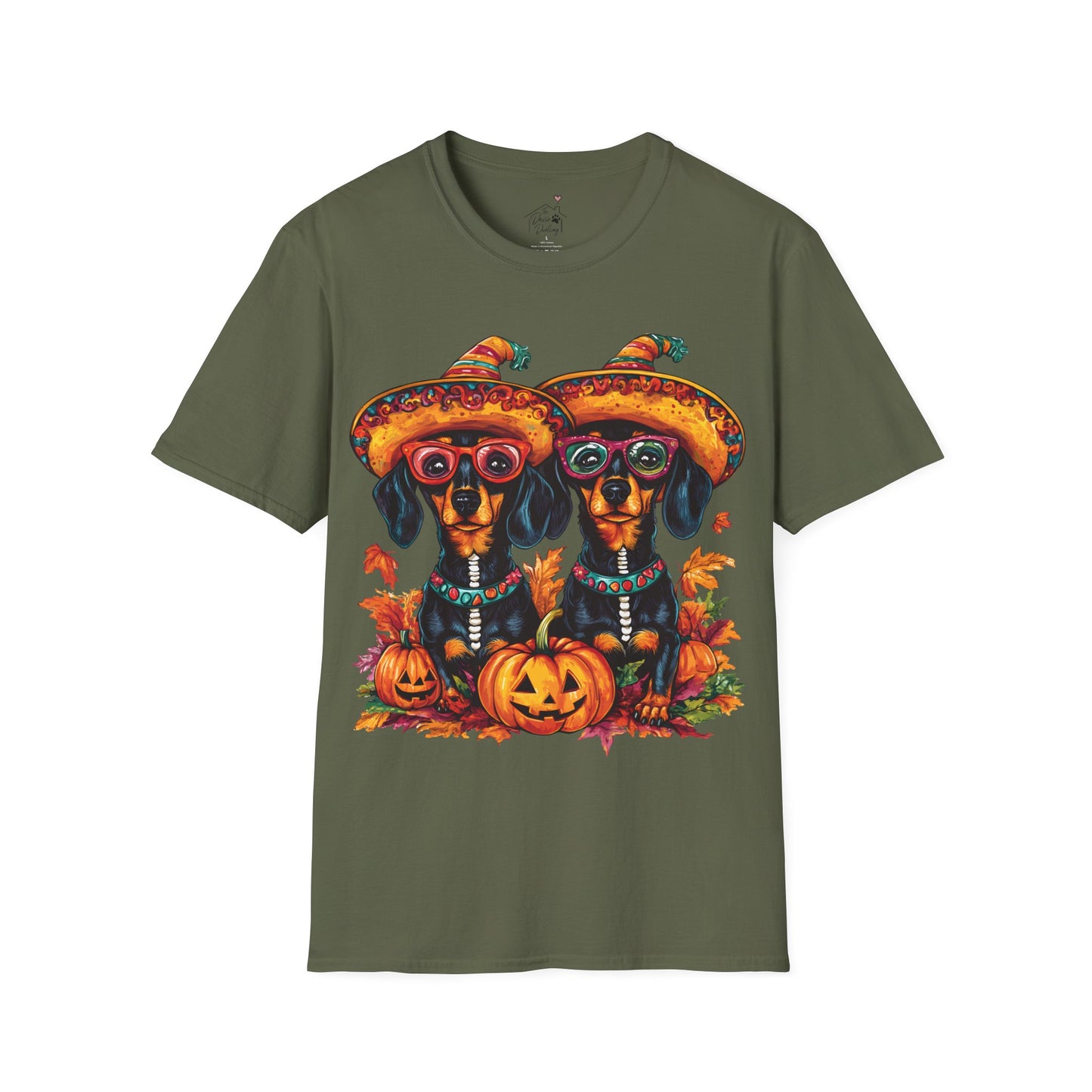 "Fall Fiesta" Black and Tan Smooth-Haired Dachshund Halloween Unisex Softstyle T-Shirt