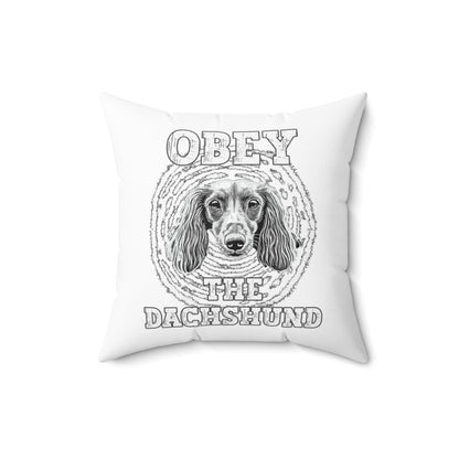 "Obey" Long-Haired Dachshund Square Throw Pillow