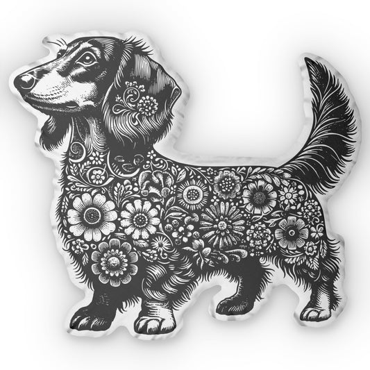 #7 Floral Print Long-Haired Dachshund Custom-Shaped Pillow