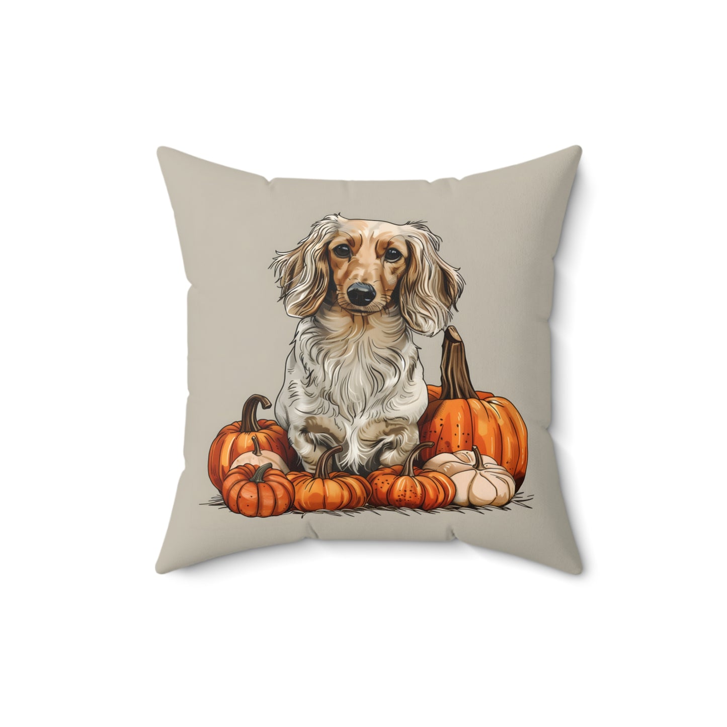 #13 Autumn Inspired Cream-Colored Long-Haired Dachshund Throw Pillow
