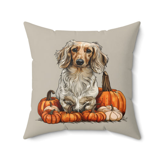 #13 Autumn Inspired Cream-Colored Long-Haired Dachshund Throw Pillow