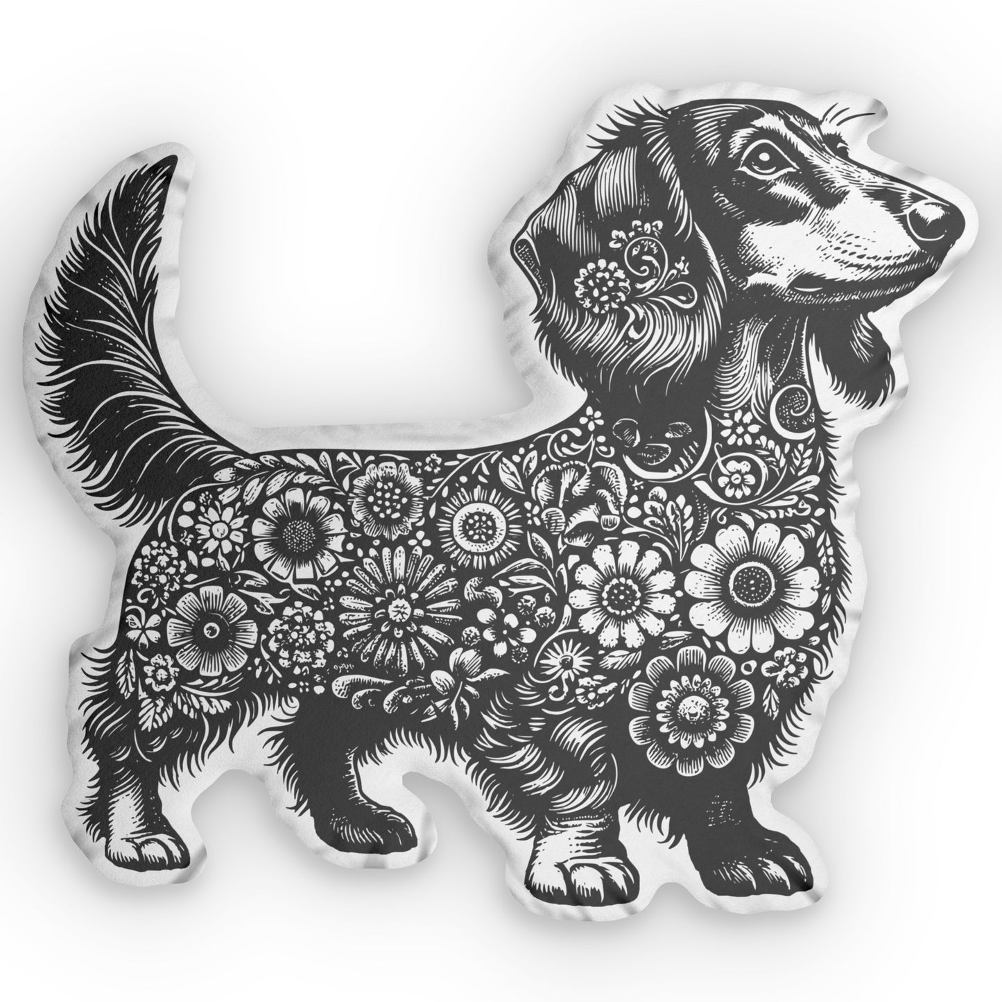 #7 Floral Print Long-Haired Dachshund Custom-Shaped Pillow