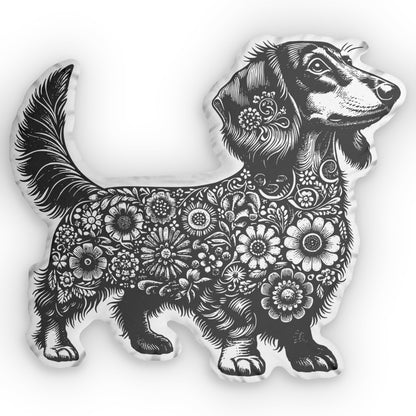 #7 Floral Print Long-Haired Dachshund Custom-Shaped Pillow
