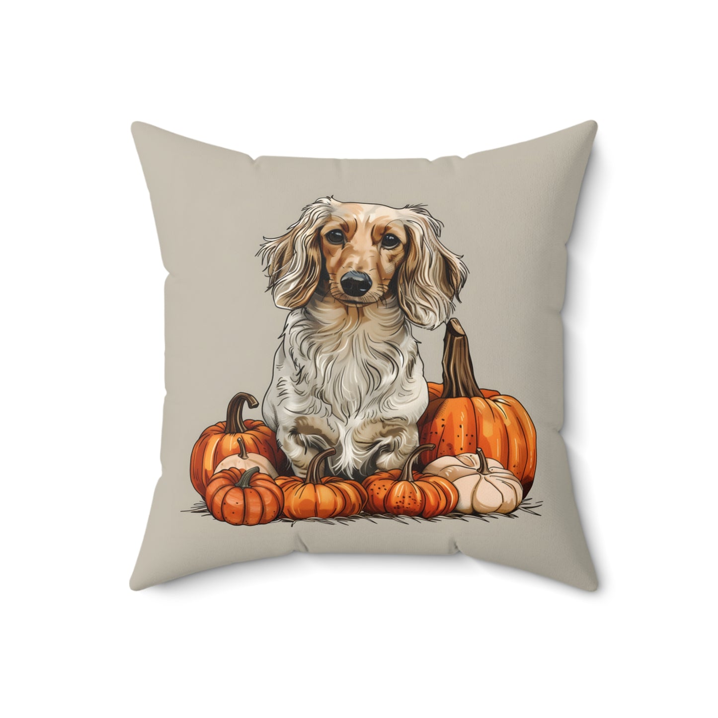 #13 Autumn Inspired Cream-Colored Long-Haired Dachshund Throw Pillow