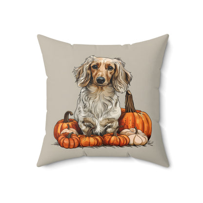 #13 Autumn Inspired Cream-Colored Long-Haired Dachshund Throw Pillow