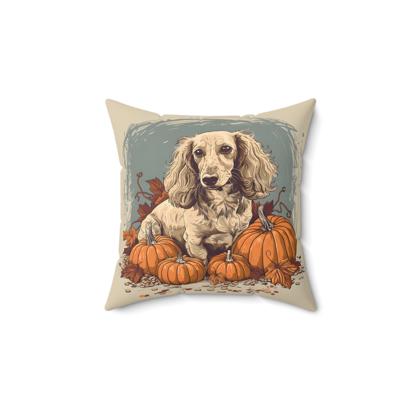 #12 Autumn Inspired Cream-Colored Long-Haired Dachshund Throw Pillow