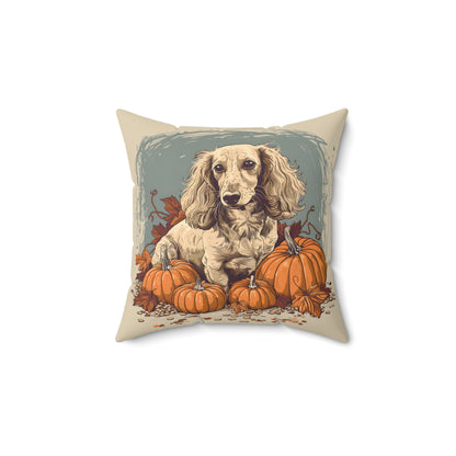 #12 Autumn Inspired Cream-Colored Long-Haired Dachshund Throw Pillow