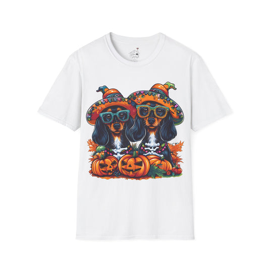 "We Like To Party" Black and Tan Long-Haired Dachshund Halloween Unisex Softstyle T-Shirt