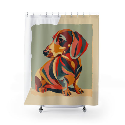 "Facet Hound" Smooth-Haired Dachshund Tan/White/Green Shower Curtain