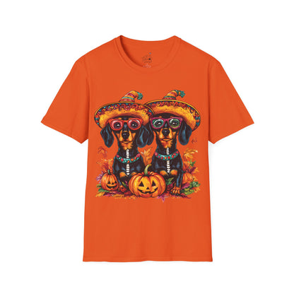 "Fall Fiesta" Black and Tan Smooth-Haired Dachshund Halloween Unisex Softstyle T-Shirt