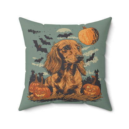 #22 Halloween Inspired Tan Long-Haired Dachshund Throw Pillow