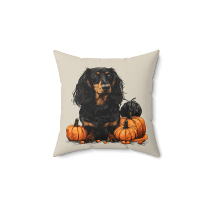 #15 Autumn Inspired Black & Tan Long-Haired Dachshund Throw Pillow