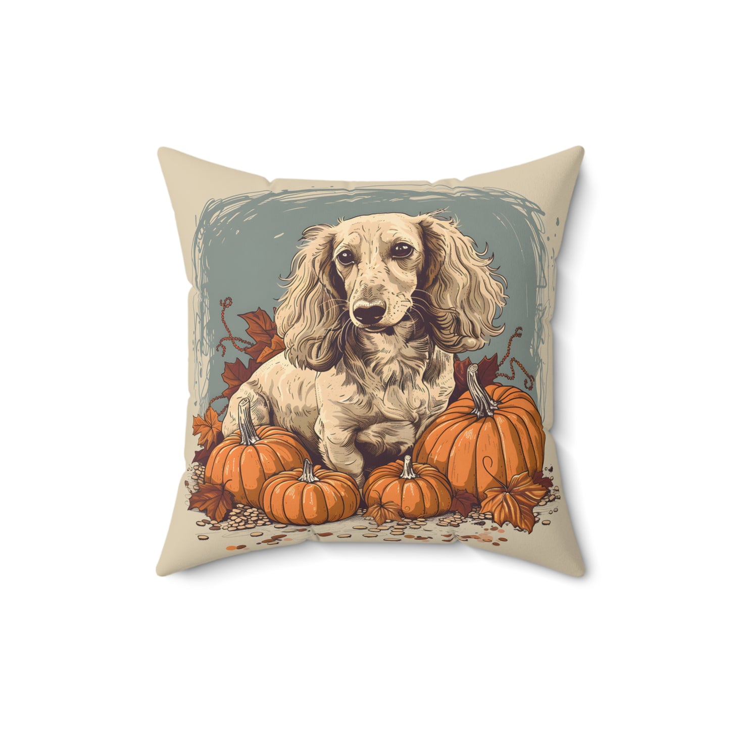 #12 Autumn Inspired Cream-Colored Long-Haired Dachshund Throw Pillow