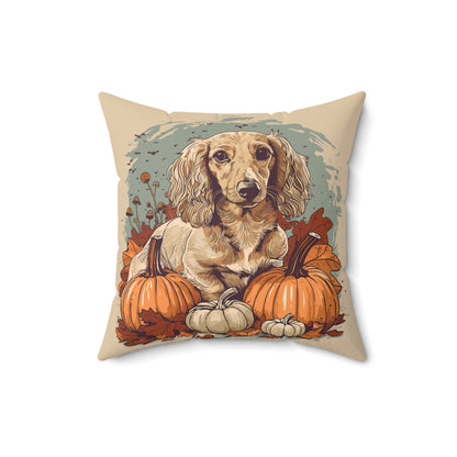 #11 Autumn Inspired Cream-Colored Long-Haired Dachshund Throw Pillow