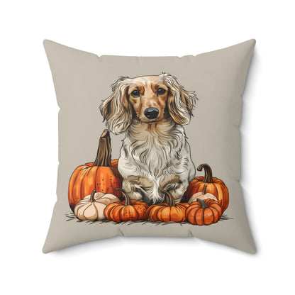 #13 Autumn Inspired Cream-Colored Long-Haired Dachshund Throw Pillow