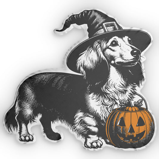 #5 Halloween Inspired Cream-Colored Long-Haired Dachshund Custom Shaped Pillow