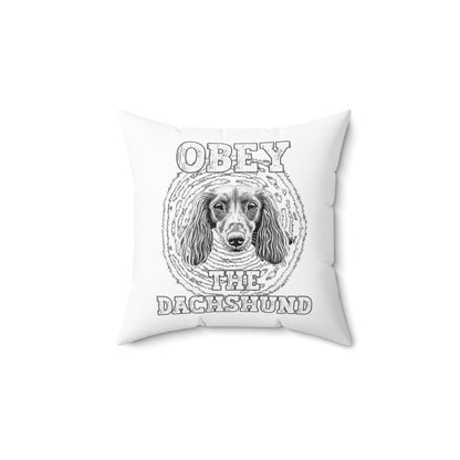 "Obey" Long-Haired Dachshund Square Throw Pillow