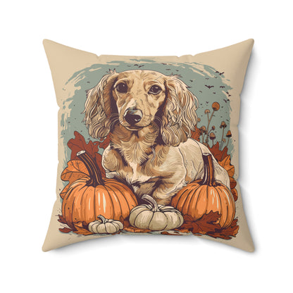 #11 Autumn Inspired Cream-Colored Long-Haired Dachshund Throw Pillow