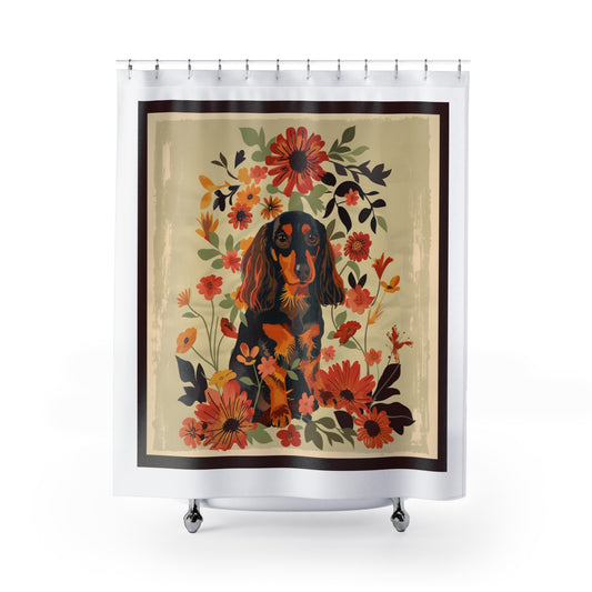 "Bouquet" Black & Tan Long-Haired Dachshund Tan/White Shower Curtain