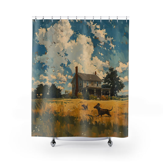 "On The Prairie" Tan Smooth-Haired Dachshund Farmhouse Shower Curtain