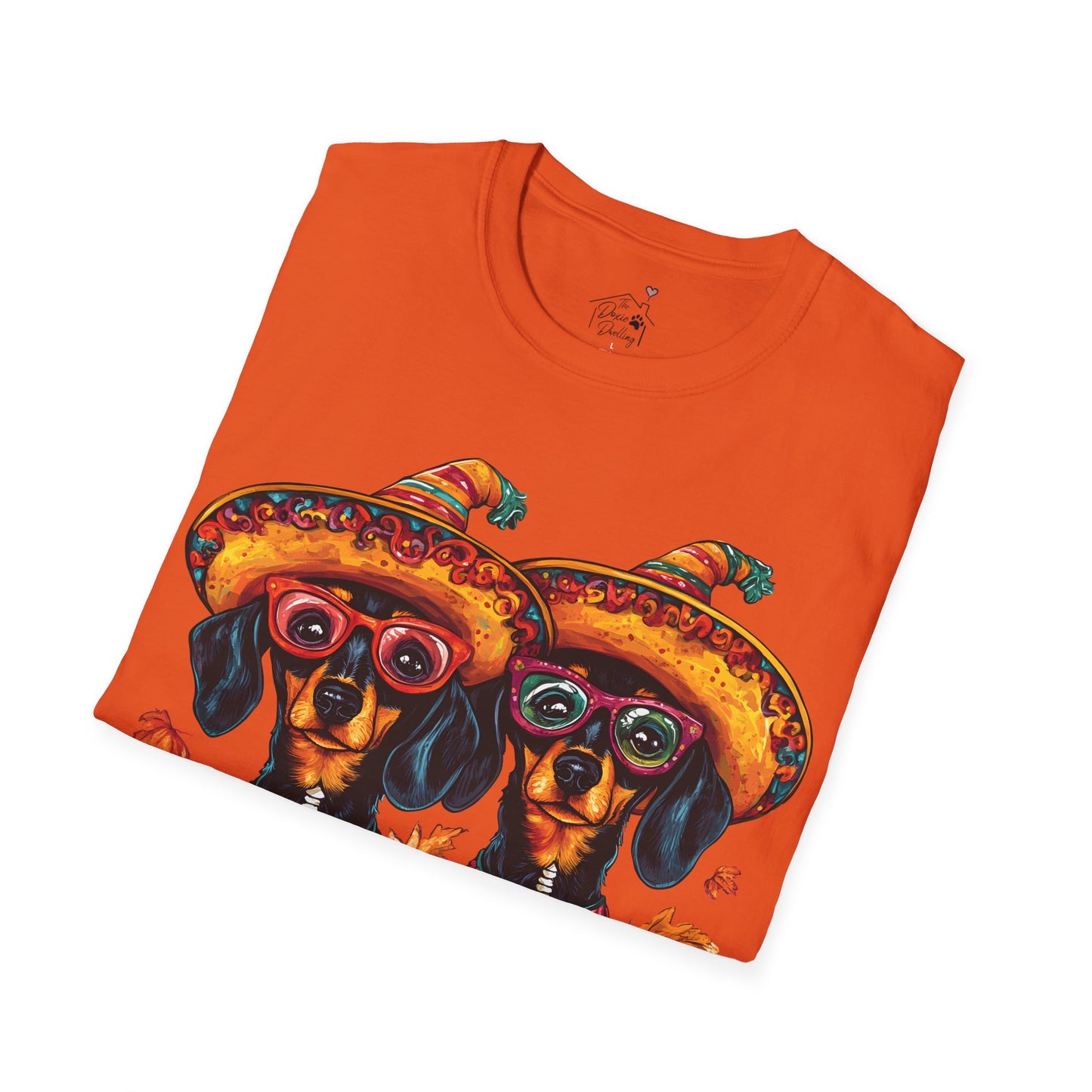 "Fall Fiesta" Black and Tan Smooth-Haired Dachshund Halloween Unisex Softstyle T-Shirt